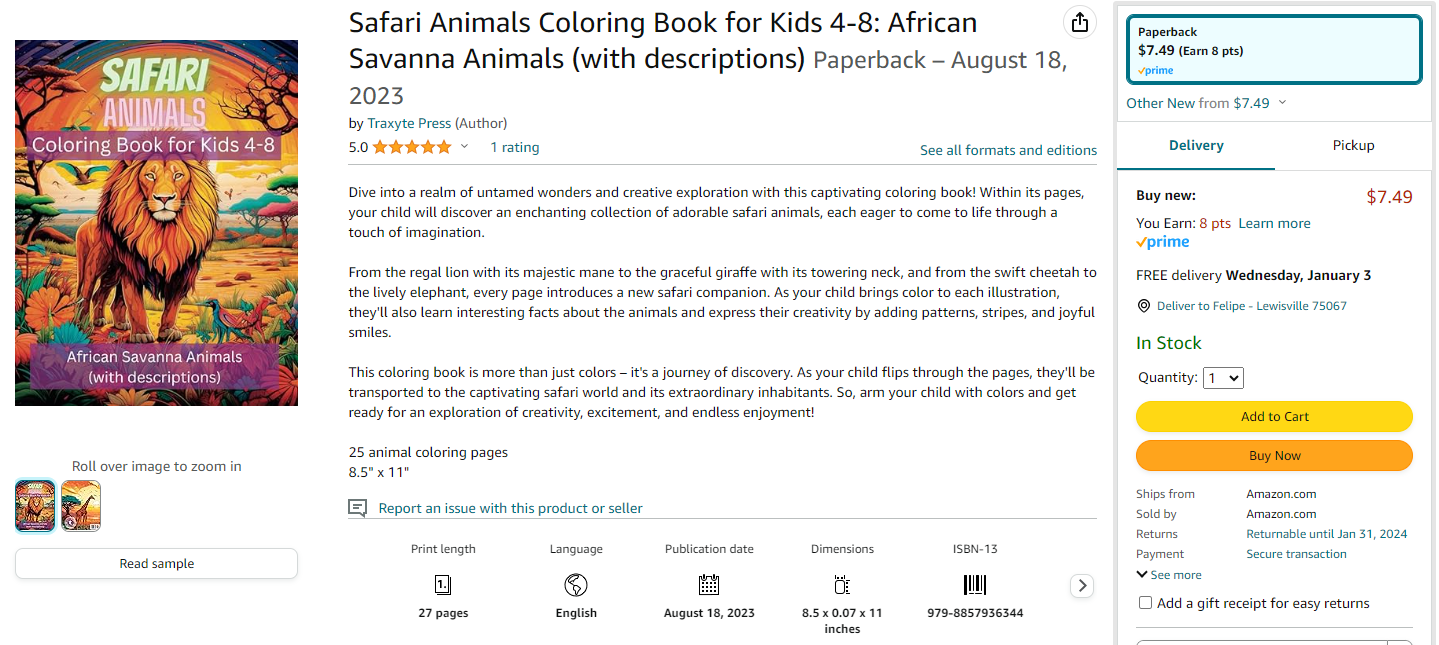 Safari Animals Coloring Book for Kids 4-8: African Savanna Animals (with descriptions)
